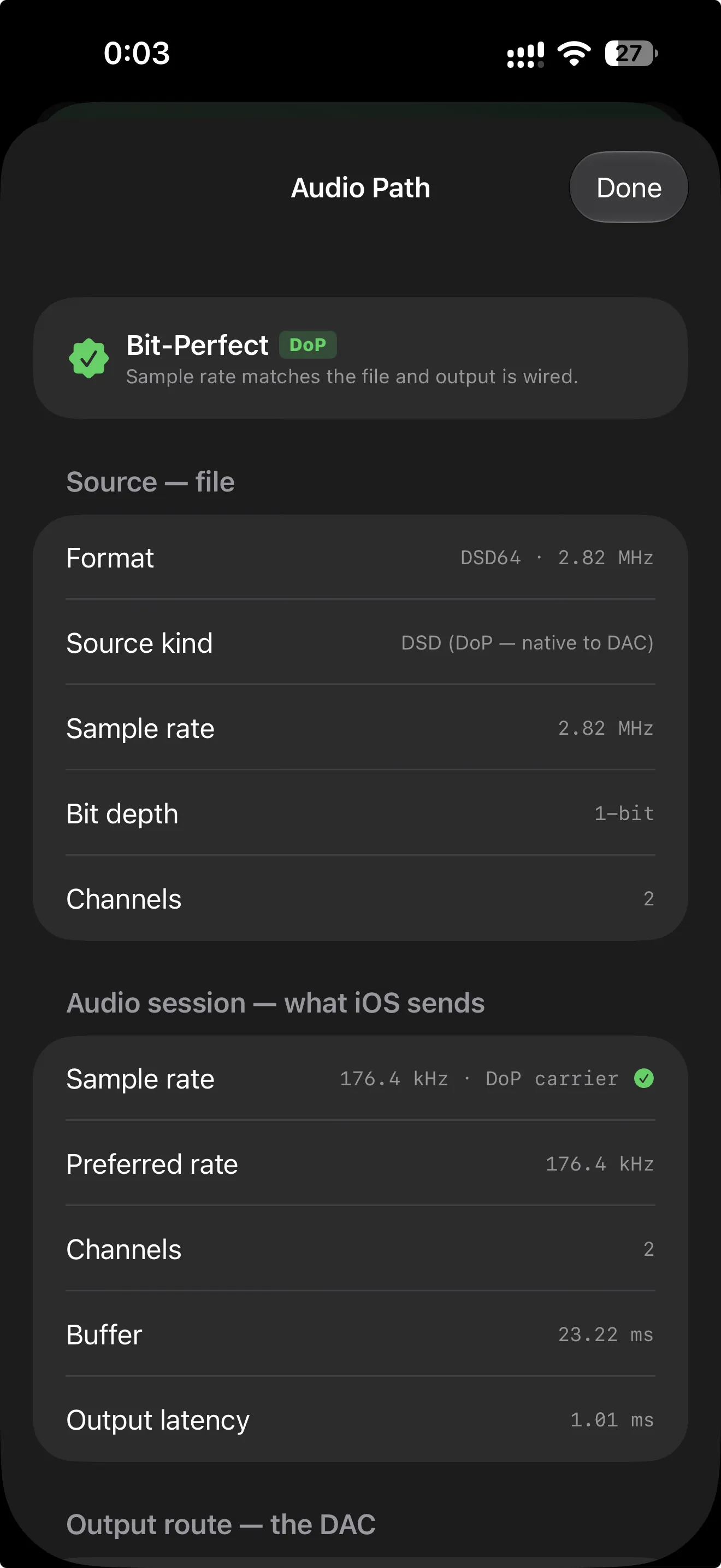 Audio Path: DSD64 source sent as DoP, 176.4 kHz carrier, to the DAC