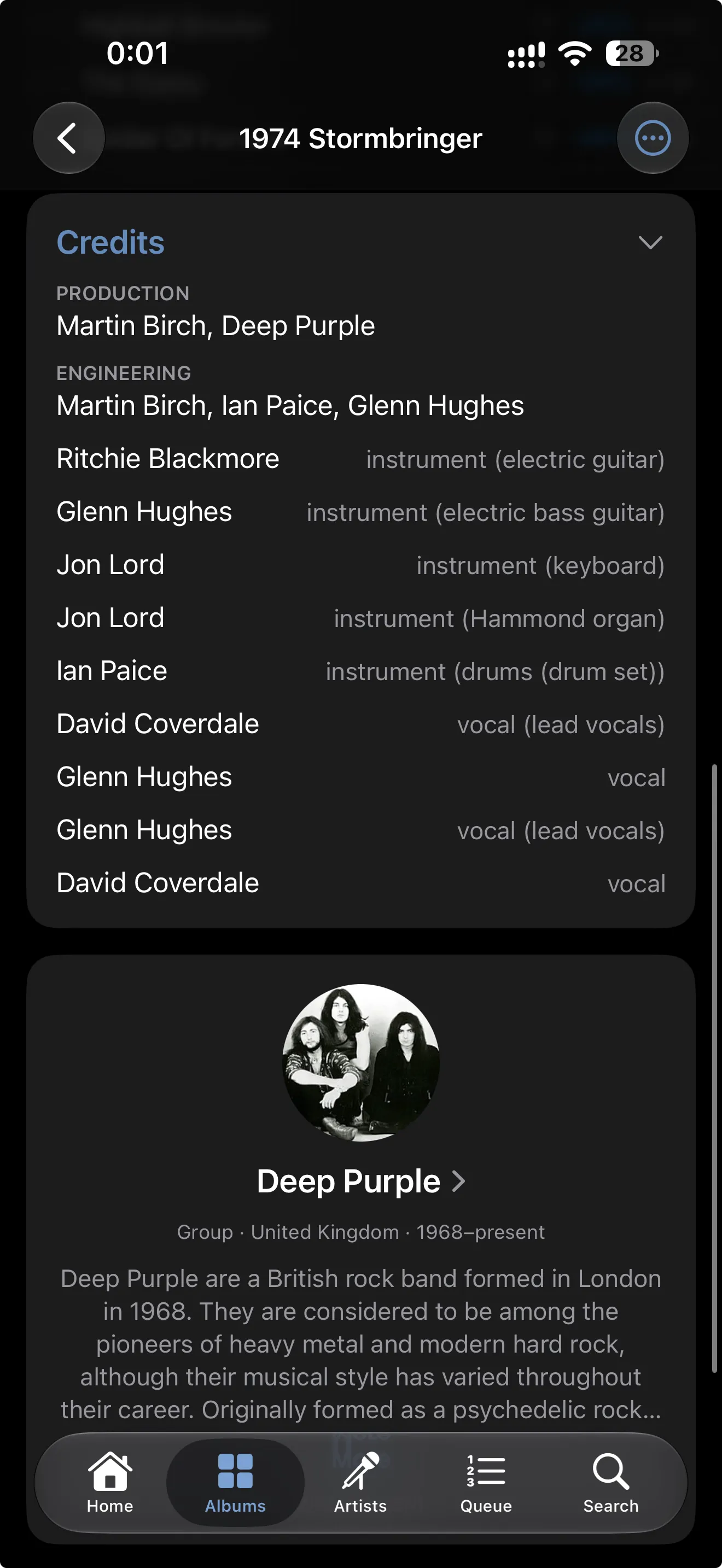Credits for Stormbringer and the Deep Purple artist card