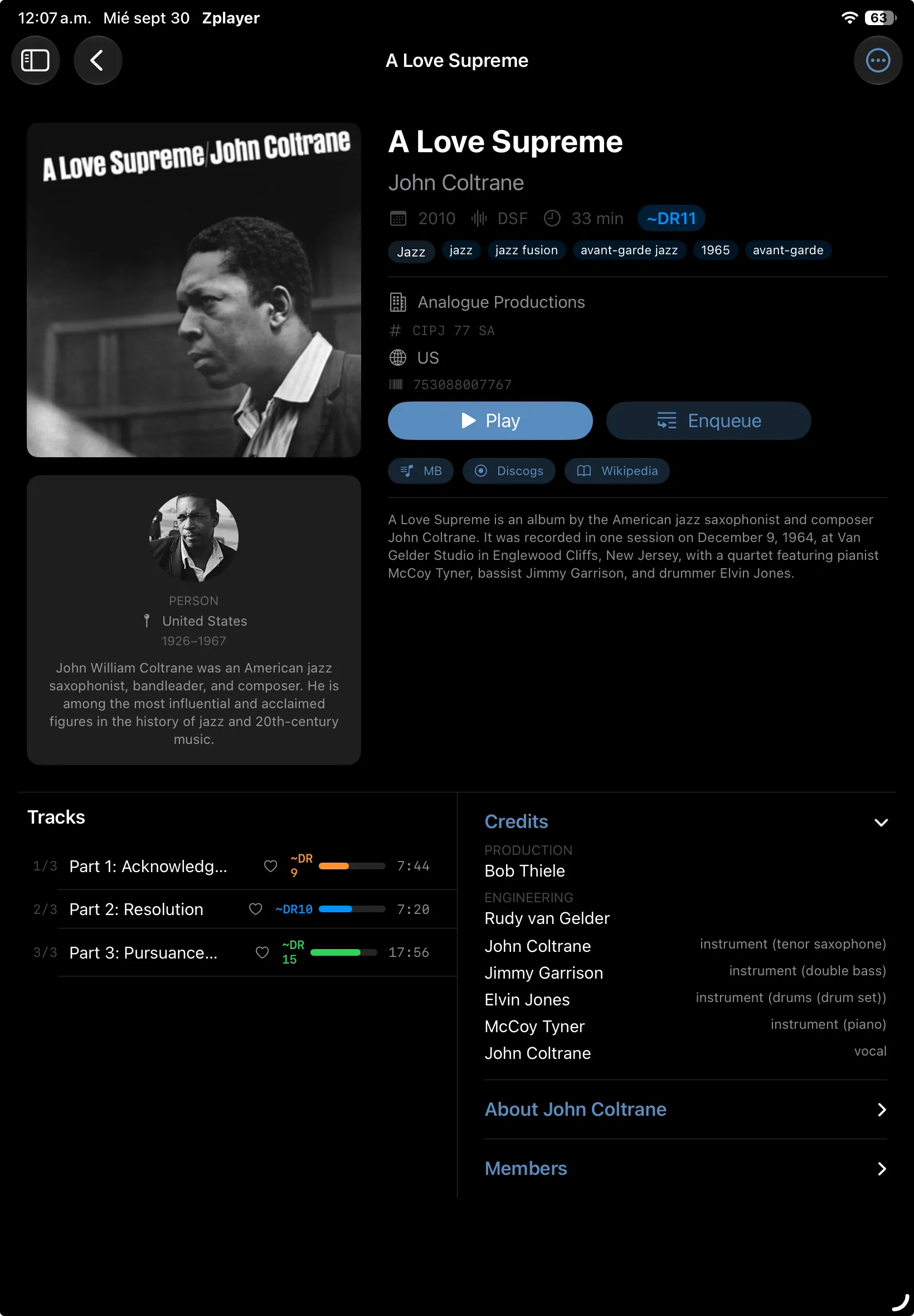 John Coltrane, A Love Supreme on iPad: the Analogue Productions pressing, DR for every track, credits and the artist