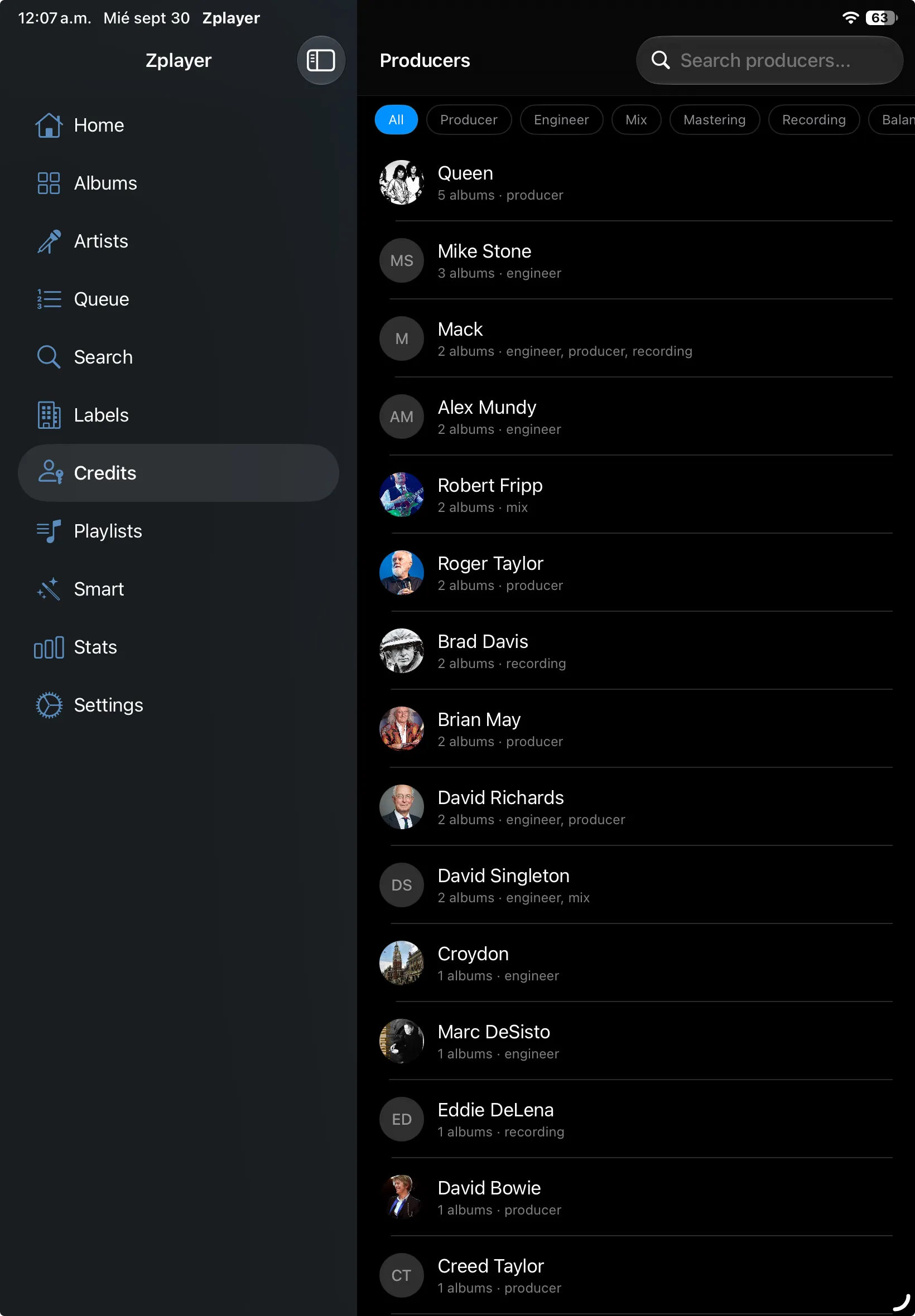 Credits on iPad: producers and engineers across the library, such as Queen, Mike Stone and Robert Fripp
