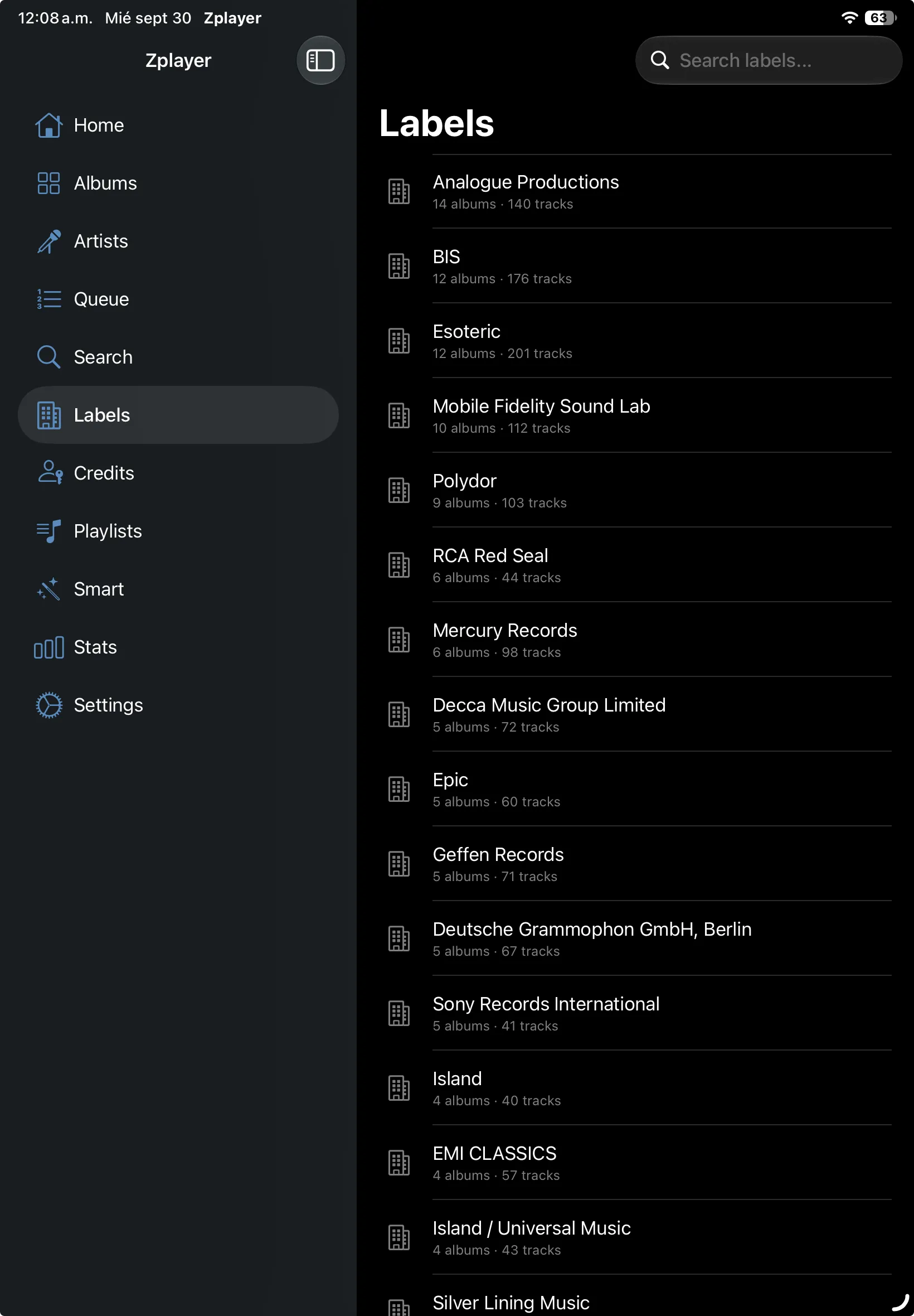 Labels on iPad: Analogue Productions, BIS, Esoteric, Mobile Fidelity Sound Lab and more