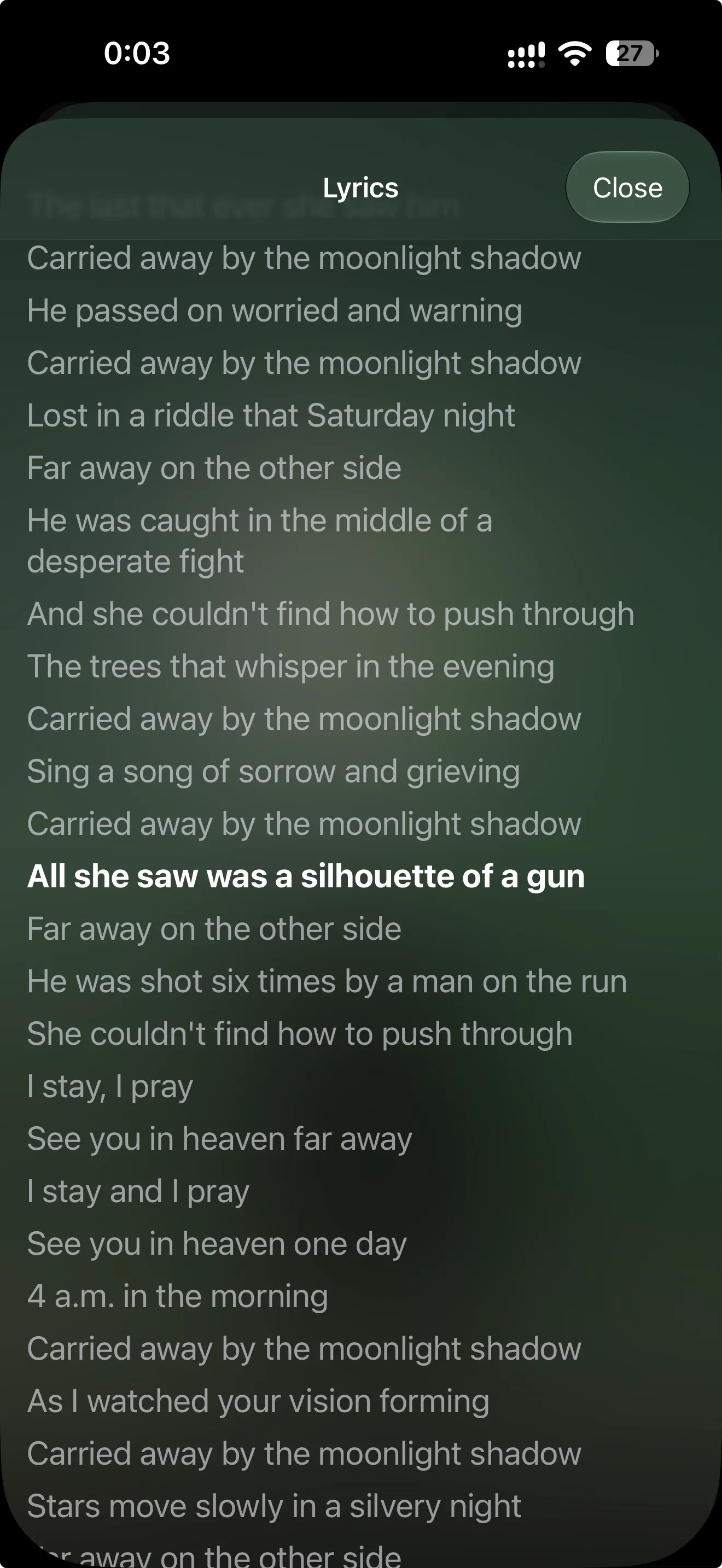 Synced lyrics for Moonlight Shadow
