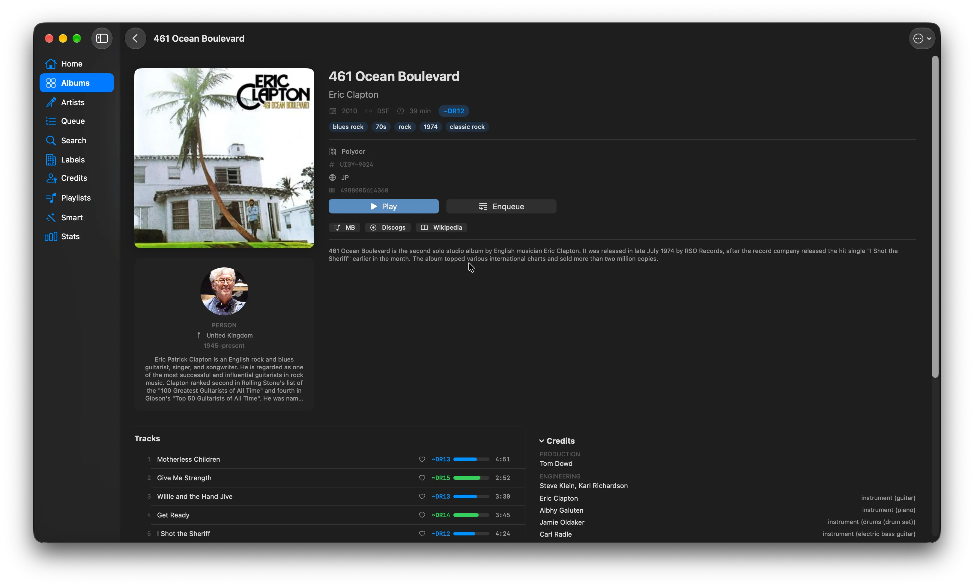 Eric Clapton, 461 Ocean Boulevard on Mac: the Japanese pressing, DR per track, credits and the artist