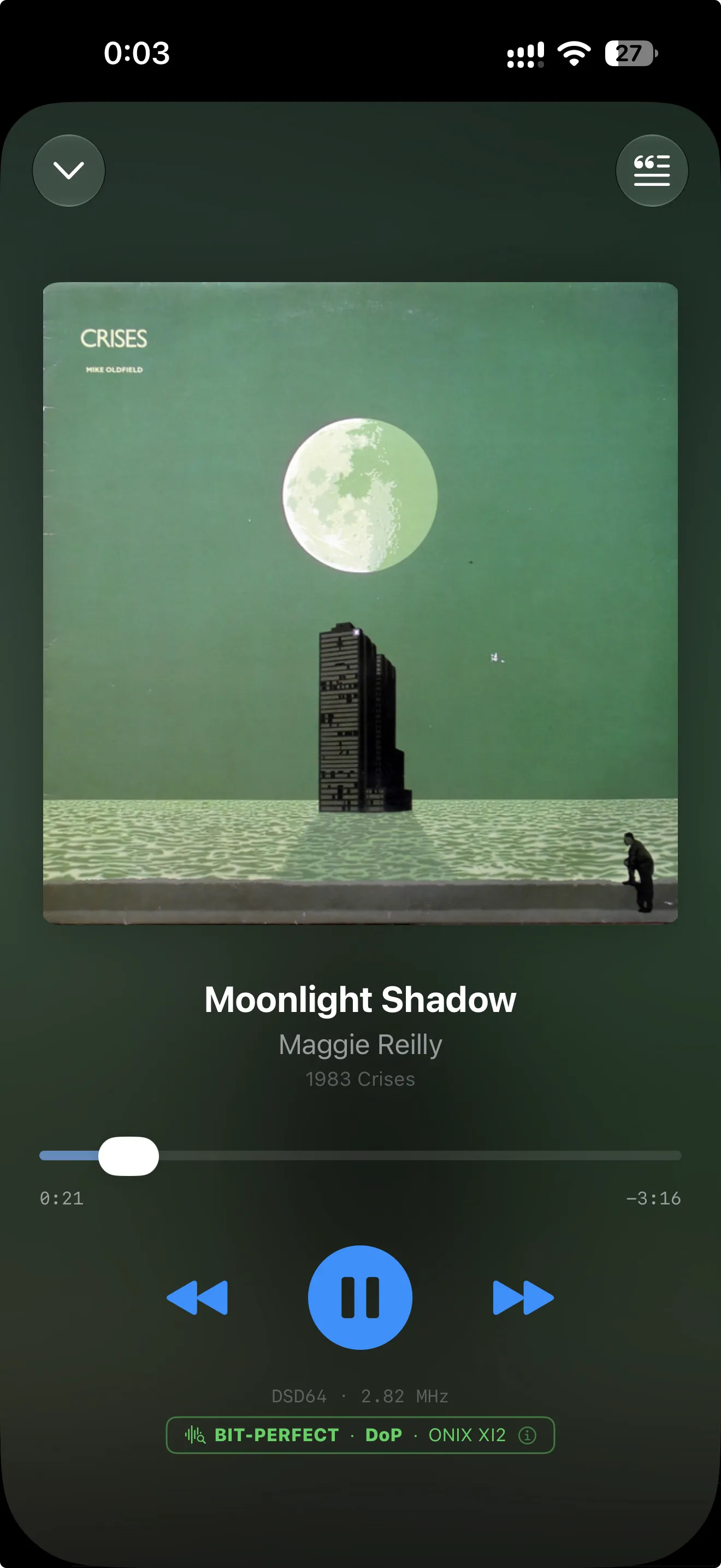 Now playing in DSD64, bit-perfect over DoP