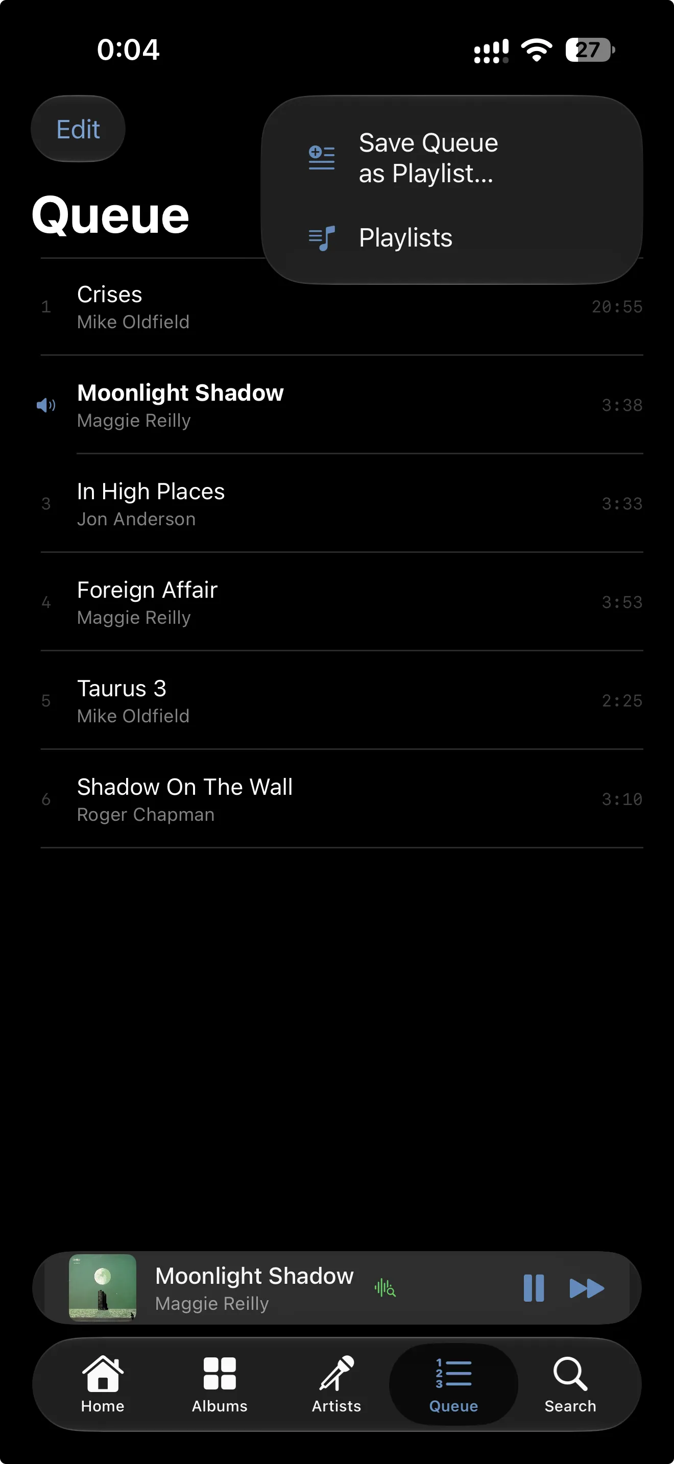 The queue with Save Queue as Playlist and Playlists